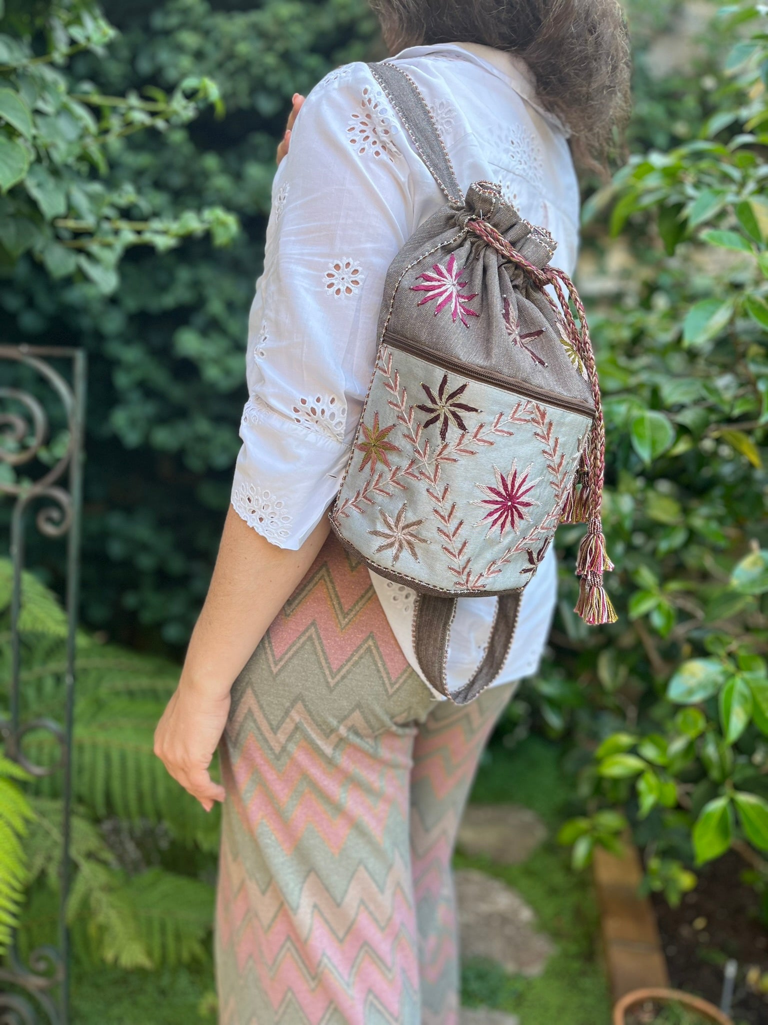 Hand embroidered backpack